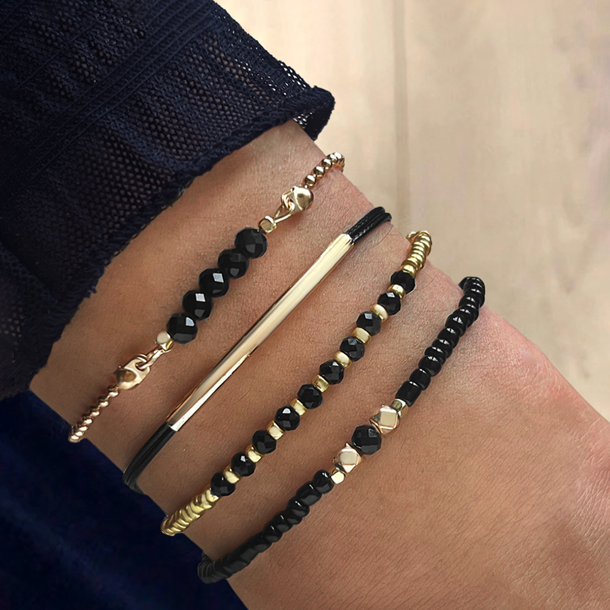 Black Tin Candle - Handgemachte Schwarz Glas Stein Armband Set