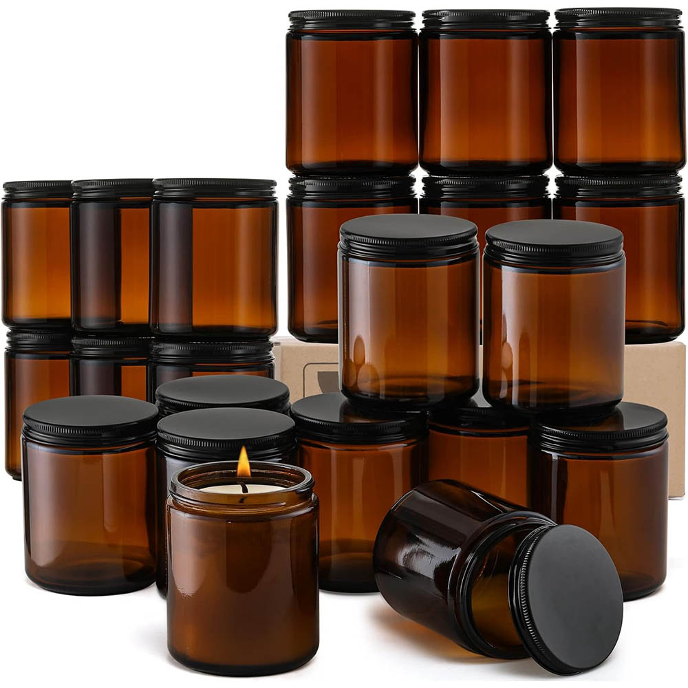 Black Tin Candle - 8oz Bernsteinfarbene Glasgläser mit schwarzen Deckeln